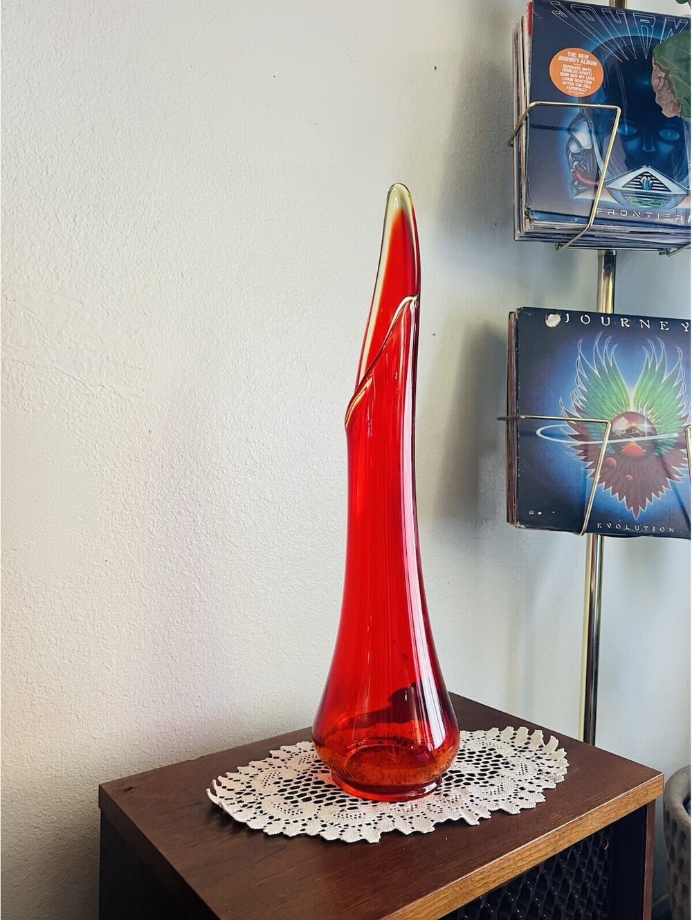 L.E. Smith 21" Tall Amberina Ruby Red Swung Glass Floor Vase Smoothie